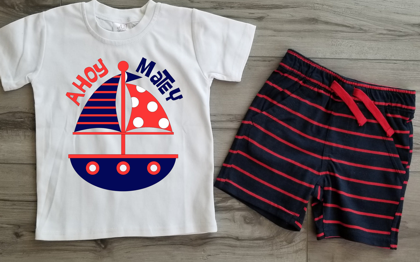 Baby Boys 2 Piece AHOY MATEY Navy & Blue Outfit | Baby Toddler Custom Made Tshirt and Matching Stripe Shorts| Great Summer Outfit!