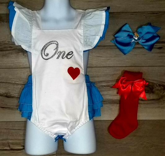 Baby Girls ALICE IN WONDERLAND 3 Piece Birthday Outfit | Baby Toddler Turquoise & Red Romper, Matching Socks and Headband | 1st Birthday Romper