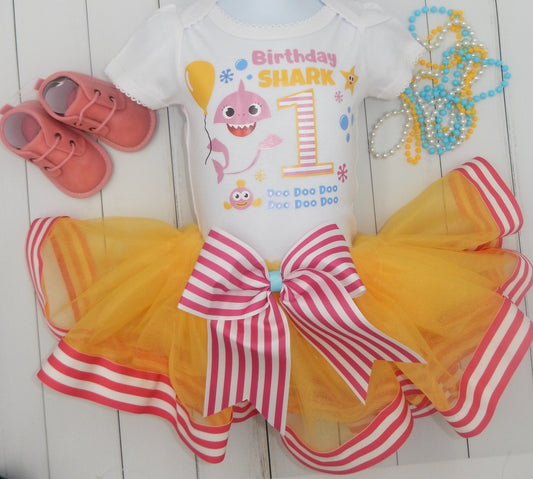 Girls 3 Piece BABY SHARK Birthday Ribbon Tutu Outfit Includes Ribbon Tutu, Tshirt or Onesie and Matching Hair Bow