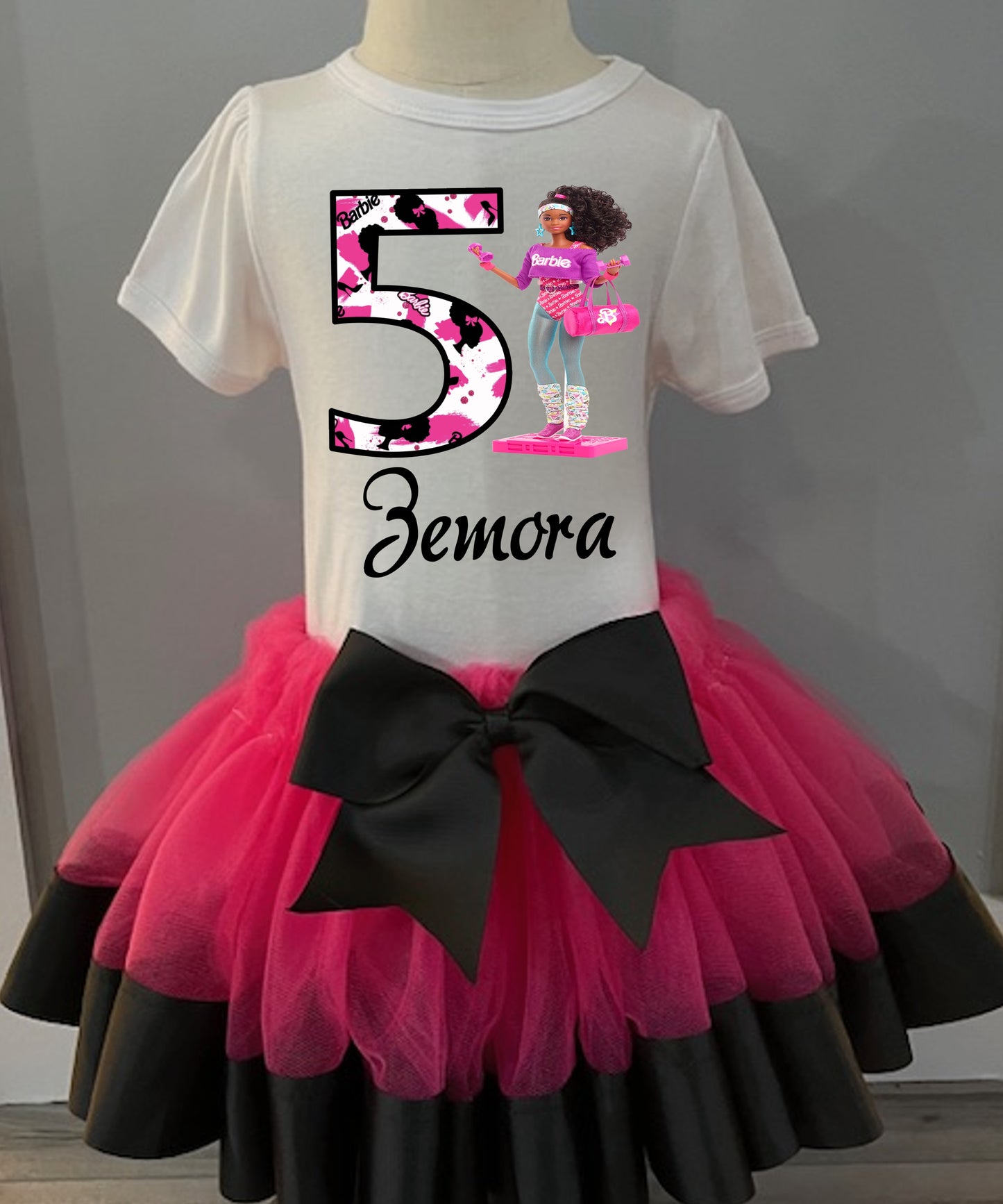 Girls 3 Piece BARBIE Birthday Ribbon Tutu Outfit | Ribbon Tutu, Tshirt or Onesie & Matching Pink & Black Hair Bow | African American Barbie Birthday