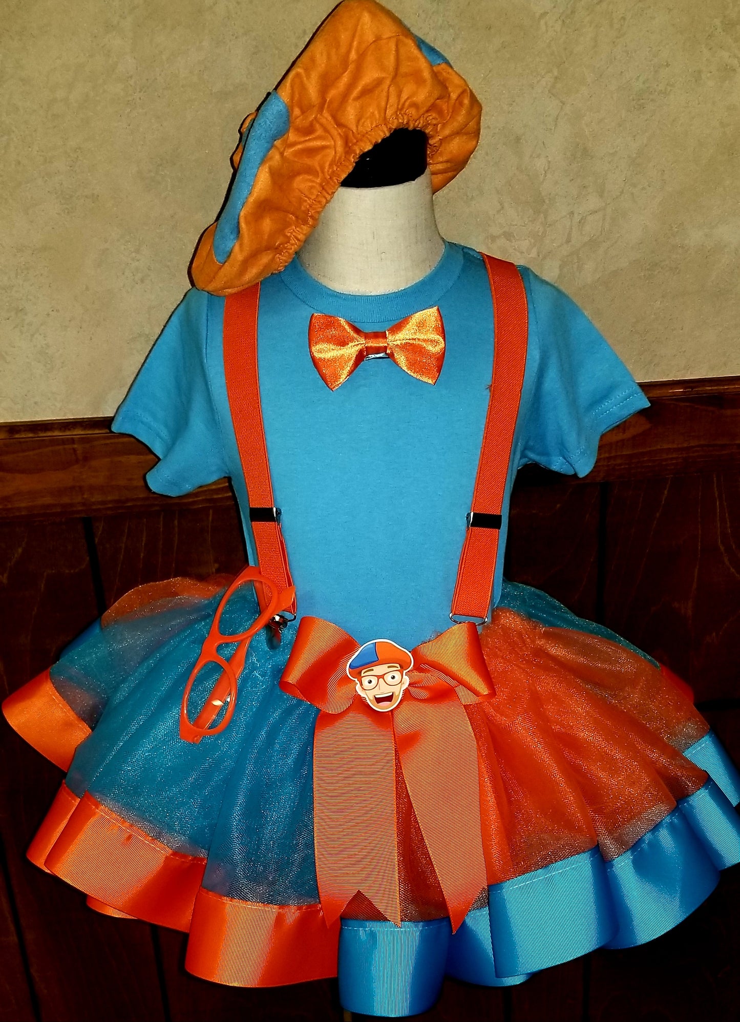 Girls BLIPPI 5 Piece Ribbon Tutu Outfit |  BLIPPI  COSTUME Ribbon Tutu, Tshirt with Bow Tie, Suspenders, Hat and Glasses | Blippi Birthday Dress