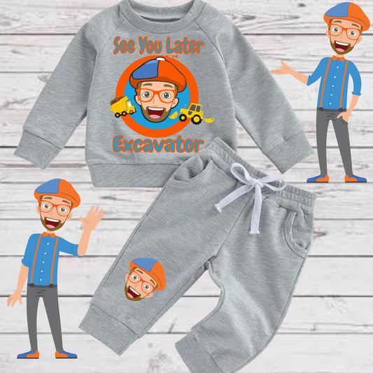 Baby Toddler Boys Grey BLIPPI SWEATSUIT | 2 Piece Gray "See You Later Excavator" Sweatshirt and Sweatpants | ADORABLE!