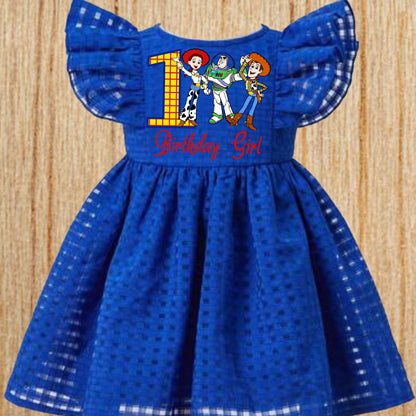 Baby Girl Toddler Birthday TOY STORY Dress | Royal Blue Flutter Sleeve Lined Buzz, Woody & Jessie Dress | Perfect For Pictures