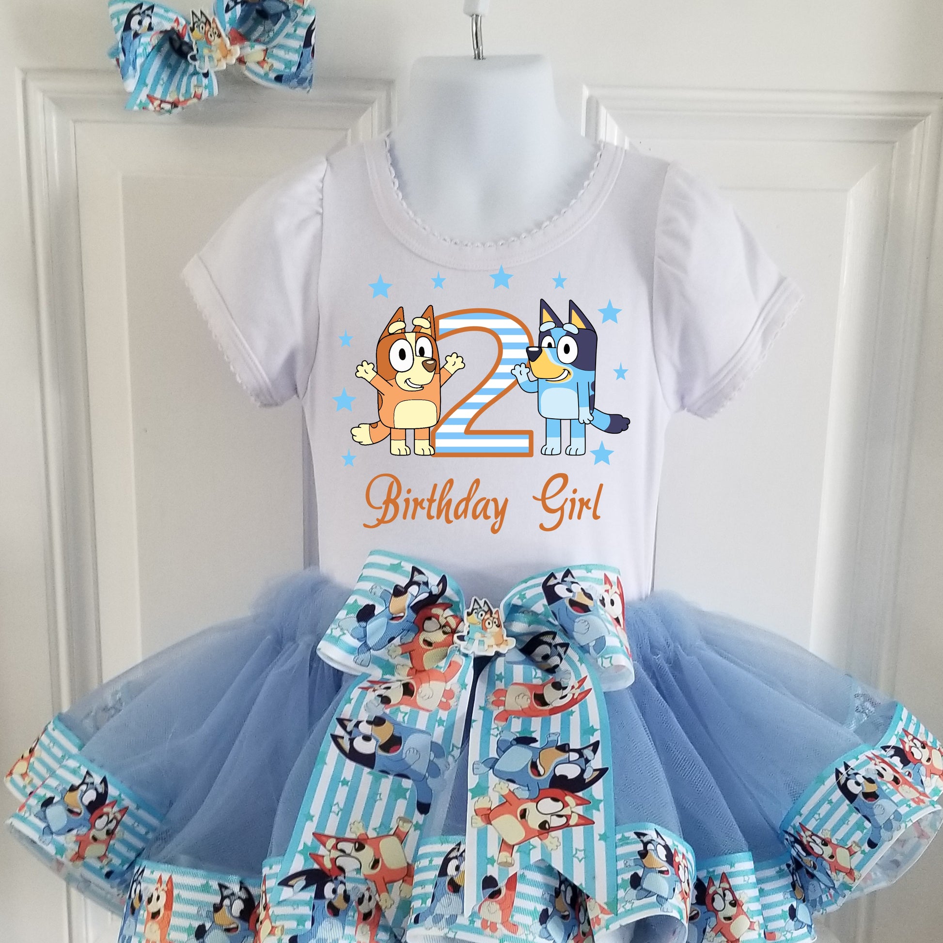 Girls 3 Piece BLUEY BINGO Birthday Ribbon Tutu Outfit Includes Ribbon Tutu, Tshirt or Onesie and Matching Hair Bow Girls 3 Piece BLUEY BINGO Birthday Ribbon Tutu Outfit Includes Ribbon Tutu, Tshirt or Onesie and Matching Hair Bow