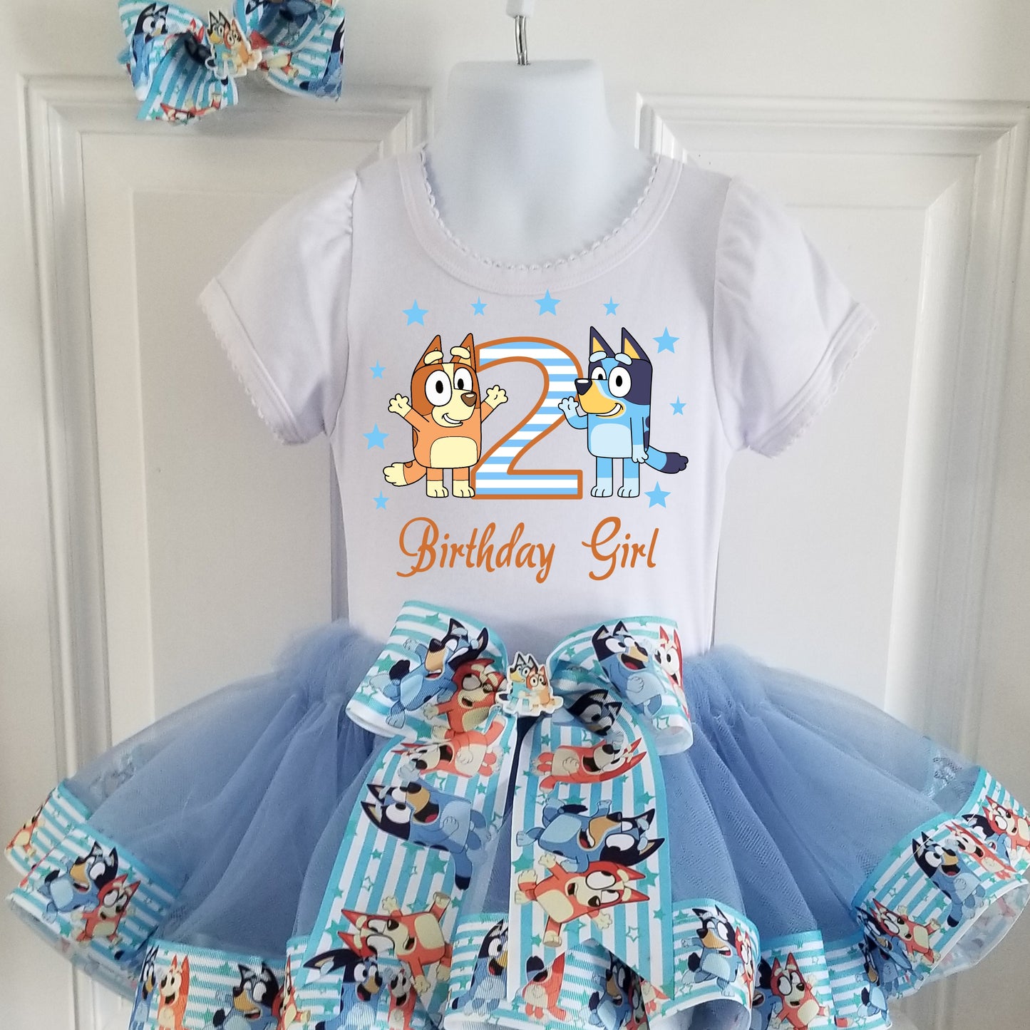 Girls 3 Piece BLUEY BINGO Birthday Ribbon Tutu Outfit Includes Ribbon Tutu, Tshirt or Onesie and Matching Hair Bow