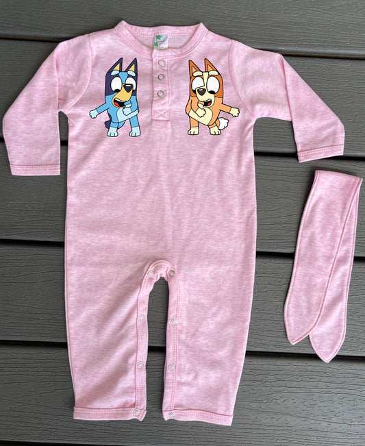 Baby Toddler Girls BLUEY & BINGO 2 Piece Romper Set | BLUEY Pink Long Sleeve Baby Romper & Matching Hair Tie | Great Baby Gift!