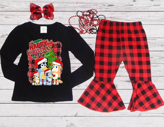 Baby Girls Buffalo Plaid Christmas 3 Piece Outfit | Black Long Sleeve Tshirt with Matching Pants and Hairbow | BLUEY BINGO Christmas Buffalo Plaid Outfit | ADORABLE!