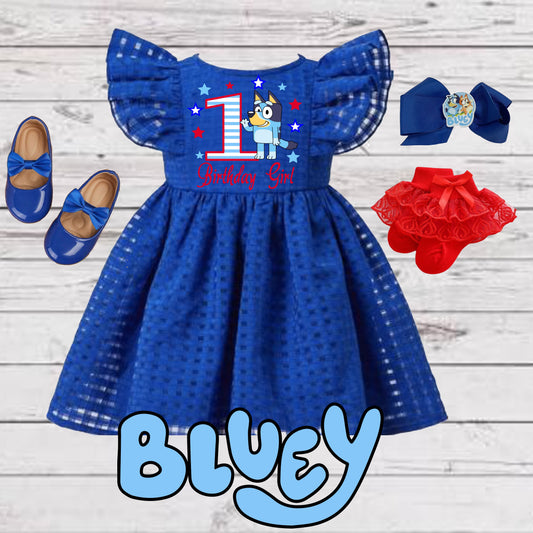 Baby Girl Toddler Bluey Birthday 3 Piece Dress | Royal Blue Flutter Sleeve Lined BLUEY Dress, Red Socks, ROYAL BLUE SHOES & Matching Hair Bow | Perfect For Pictures |  Photo Prop Blippi Dress