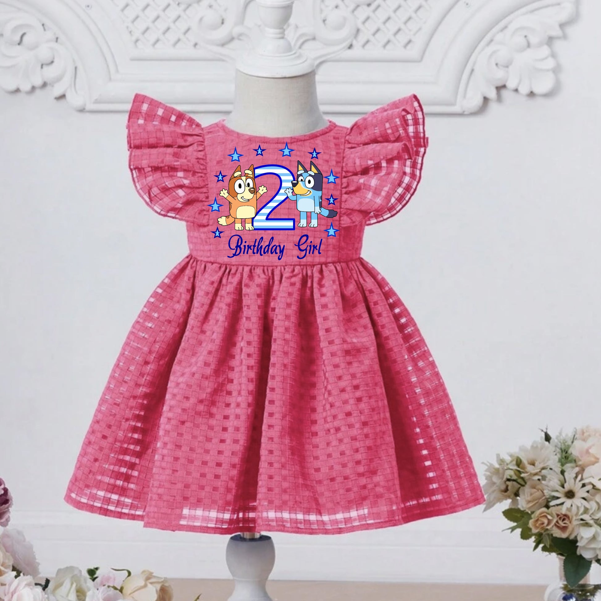 Baby Girl Toddler Birthday BLUEY Dress | Fuschia Pink Flutter Sleeve L Birthday Custom Design Baby Girl Toddler Birthday BLUEY Dress | Fuschia Pink Flutter Sleeve L Birthday Custom Design