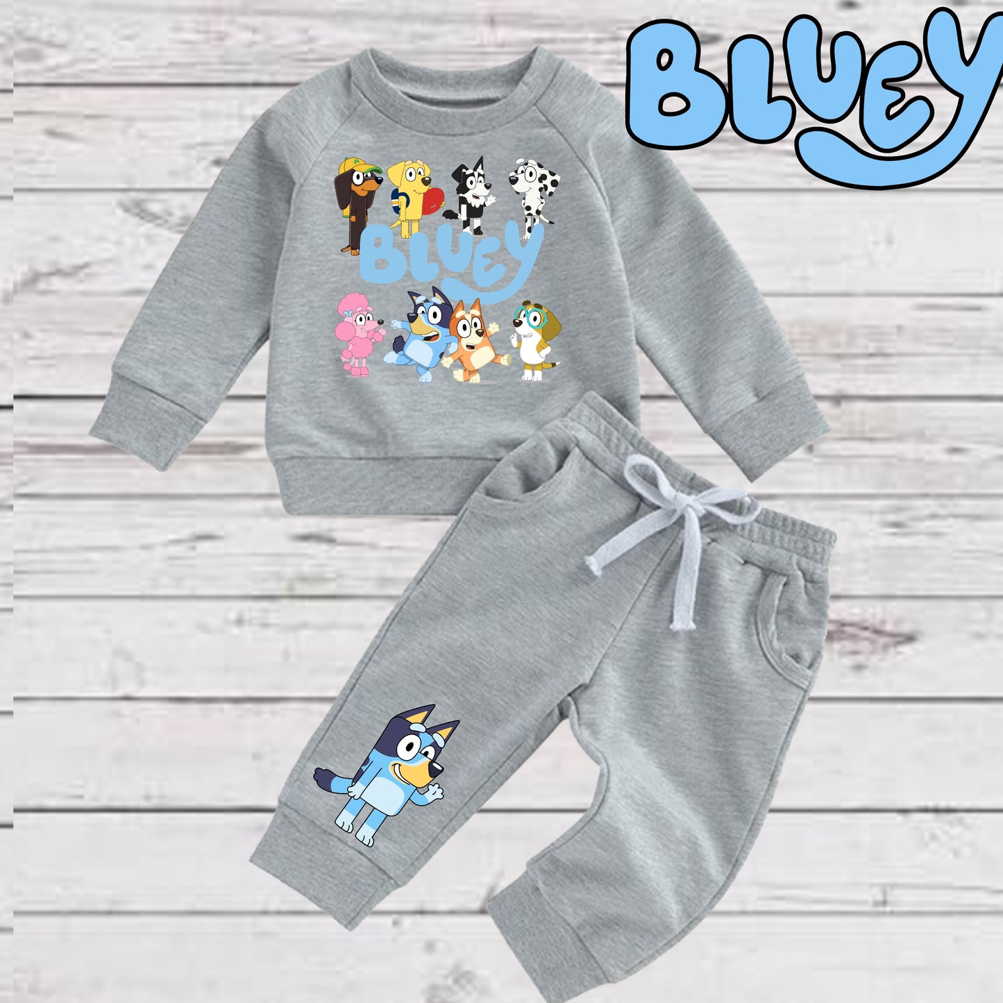 Baby Toddler Boys Grey BLUEY SWEATSUIT | 2 Piece Gray Bluey & Friends Sweatshirt and Sweatpants | Grey Bluey Sweatsuit