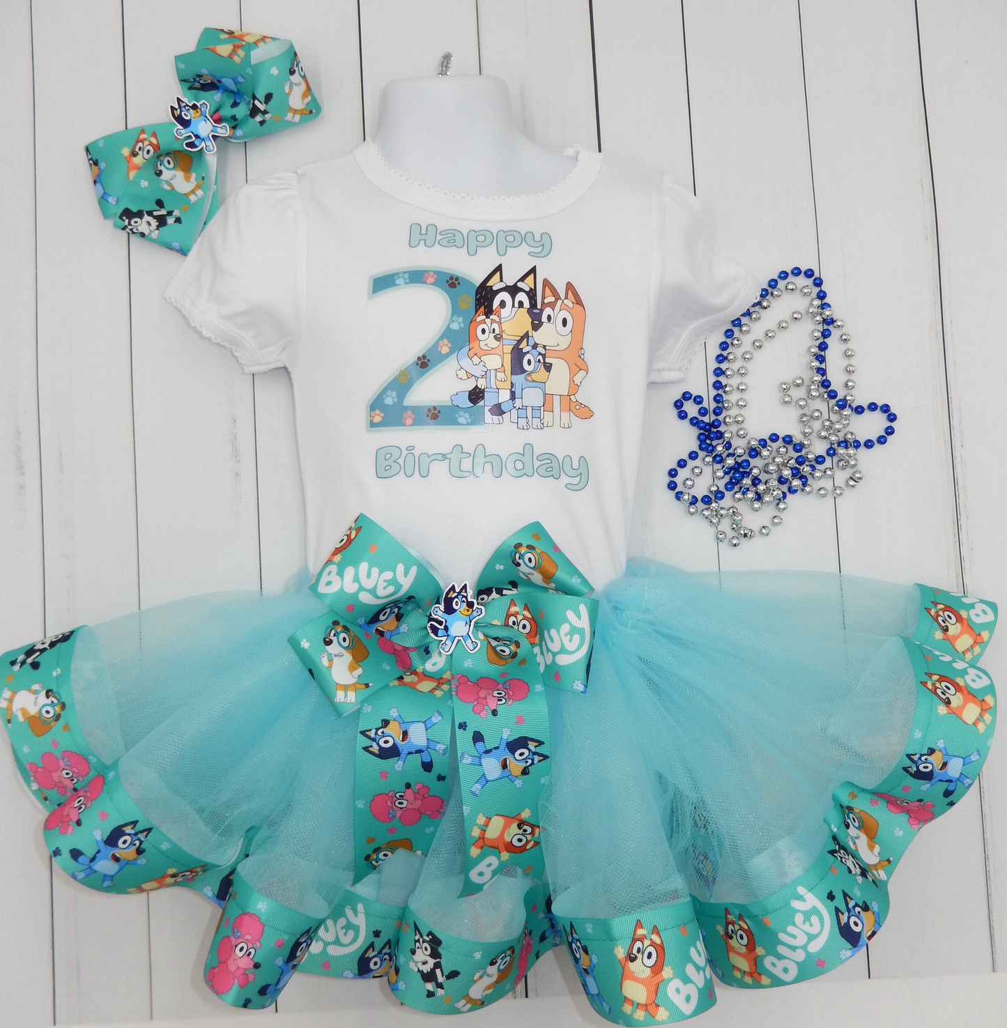 Girls 3 Piece BLUEY BINGO Birthday Green Ribbon Tutu Outfit Includes Ribbon Tutu, Tshirt or Onesie and Matching Hair Bow