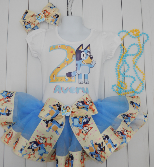 Girls 3 Piece BLUEY Birthday Ribbon Tutu Outfit Includes Ribbon Tutu, Tshirt or Onesie and Matching Hair Bow