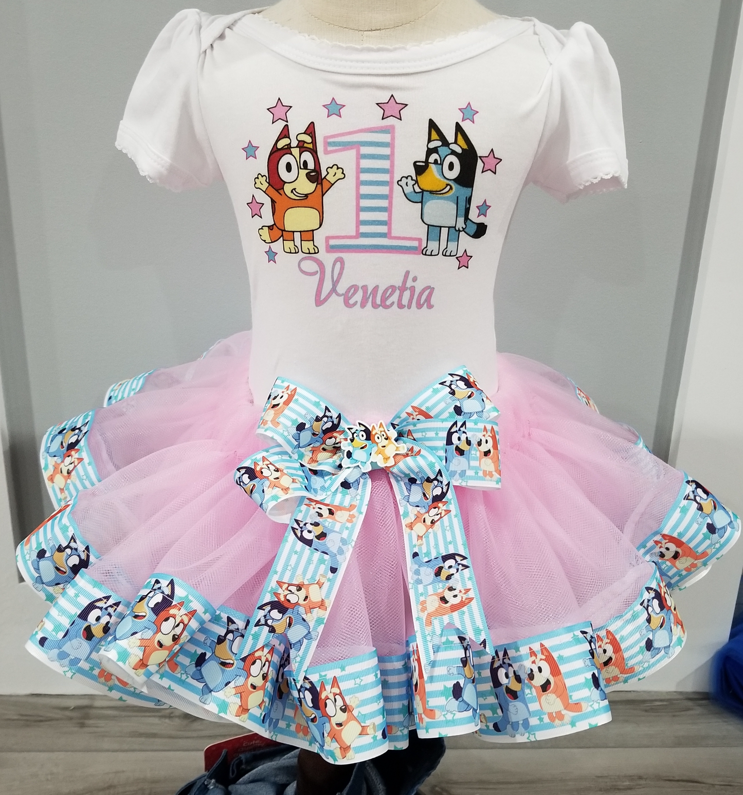 Girls 3 Piece BLUEY BINGO Pink Birthday Ribbon Tutu Outfit Includes Ribbon Tutu, Tshirt or Onesie and Matching Hair Bow