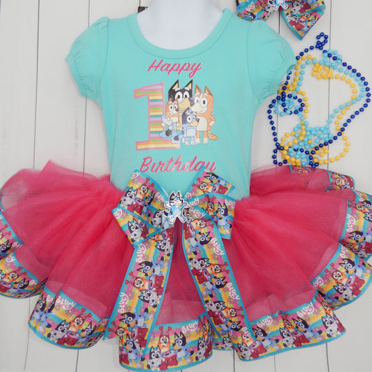 Girls 3 Piece BLUEY BINGO Birthday Ribbon Tutu Outfit Includes Ribbon Tutu, Tshirt or Onesie and Matching Hair Bow