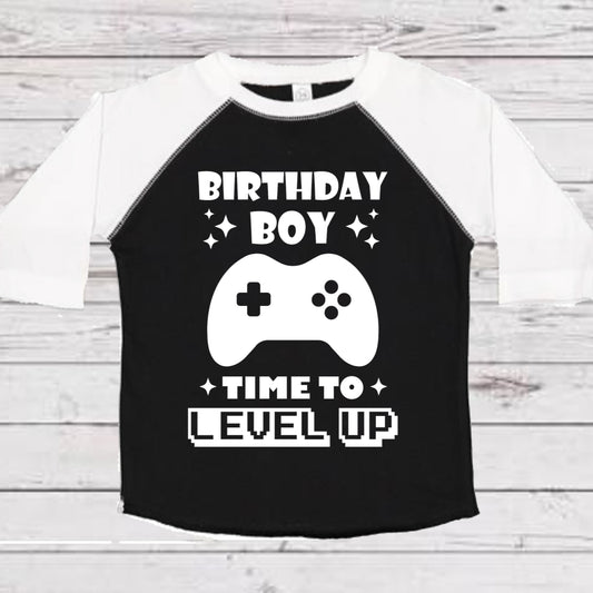 Baby Toddler Boys Raglan Time to Level Up Tshirt | White & Black Raglan Birthday Boy Shirt | Great Price! $10