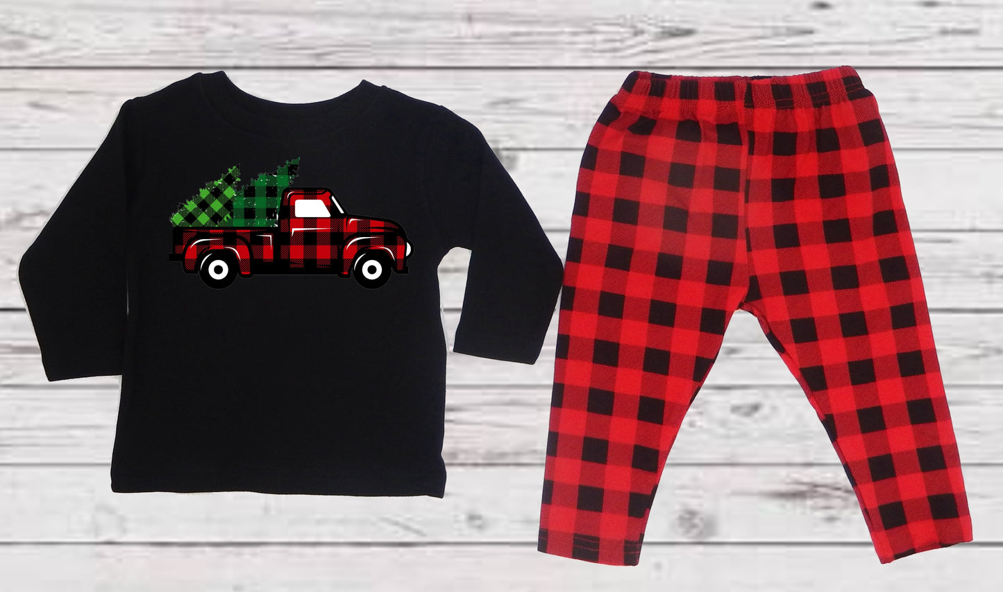 Baby Boys Buffalo Plaid Christmas 2 Piece Outfit | Black Long Sleeve Tshirt with Matching Pants | Baby Christmas Buffalo Plaid Outfit | ADORABLE!