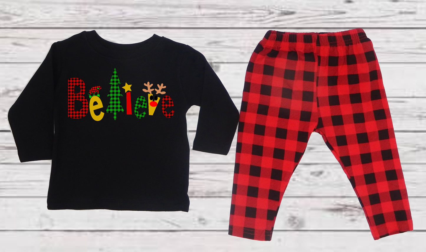 Baby Boys Buffalo Plaid Christmas 2 Piece Outfit | Black Long Sleeve Tshirt with Matching Pants | Baby Christmas Buffalo Plaid Outfit | ADORABLE! (Copy)