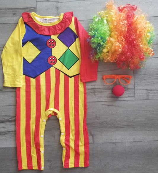 Baby Toddler Halloween 4 Piece CLOWN Costume | CLOWN Romper, Wig, Glasses and Red Nose | Adorable!