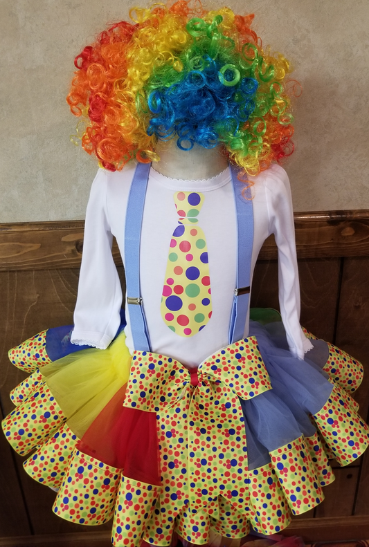 Baby Girls 5 Piece CLOWN Halloween Costume | RAINBOW Polkadot Clown Ribbon Tutu, Tshirt, Suspenders, Wig & Red Nose | L@@K