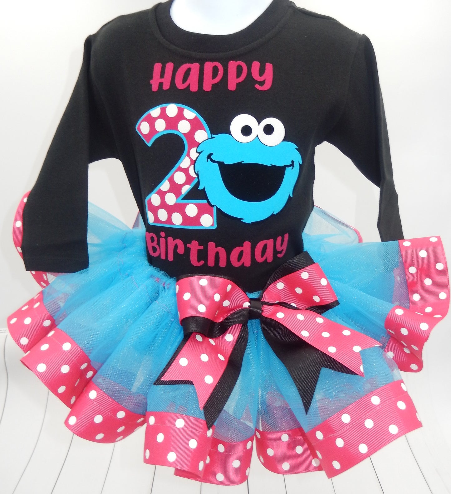 Girls 3 Piece COOKIE MONSTER Birthday Ribbon Tutu Outfit Includes Ribbon Tutu, Tshirt or Onesie and Matching Hair Bow (Copy)