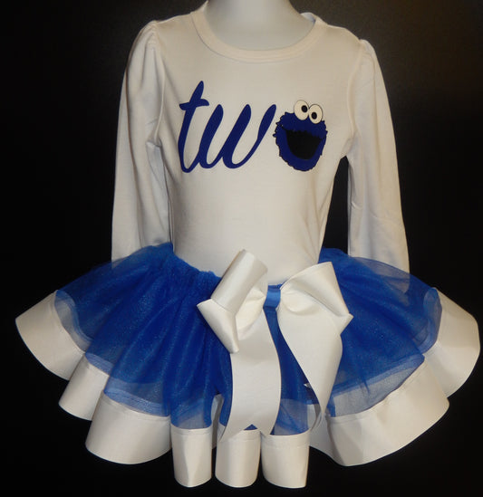 Girls 3 Piece COOKIE MONSTER Birthday Ribbon Tutu Outfit Includes Ribbon Tutu, Tshirt or Onesie and Matching Hair Bow