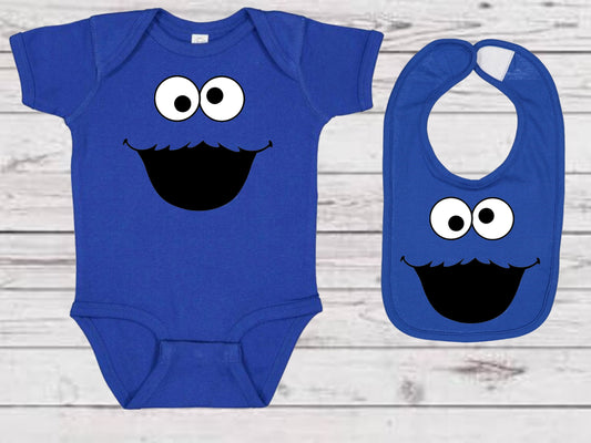 Baby Toddler Girls Boys Blue Monster Onesie & Matching Bib | SESAME STREET Short Sleeve Onesie | GREAT BABY GIFT!