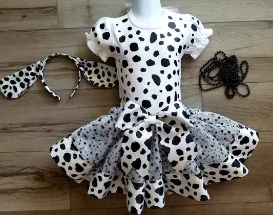 Girls 3 Piece DALMATIAN Costume Ribbon Tutu Outfit Includes Ribbon Tutu, Tshirt or Onesie & MATCHING Headband | Puppy Halloween Tutu