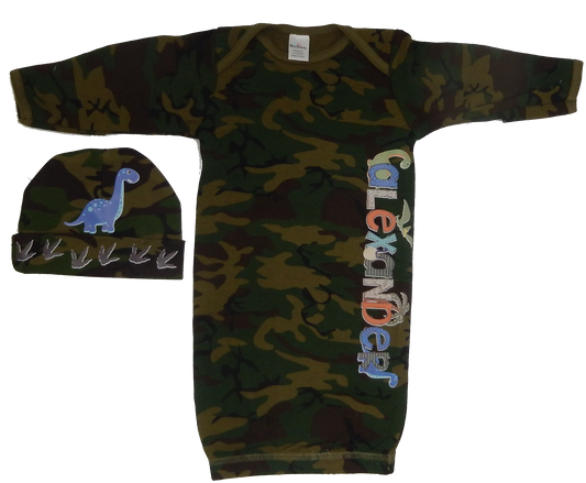 Baby Toddler Boys 2 Piece Camoflage DINO Newborn Sleeper Set | Personalized DINOSAUR Long Sleeve Baby Sleeper & Matching Hat | Great Baby Gift!