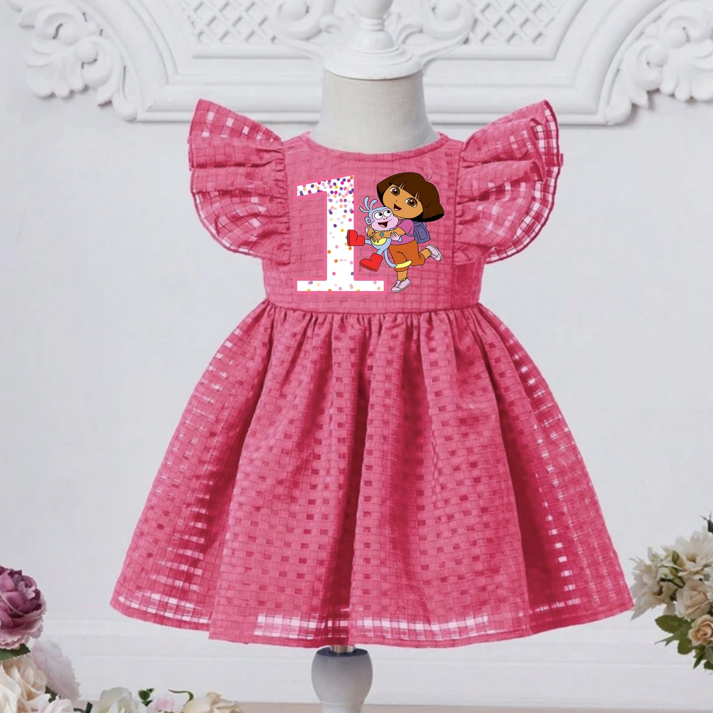 Baby Girl Toddler Birthday DORA Dress | Fuschia Pink Flutter Sleeve Lined DORA THE EXPLORER Dress | Perfect For Pictures |  Photo Prop BOOTS DRESS