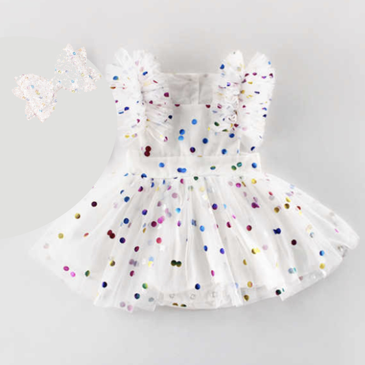 Baby Girl Toddler White Tulle Dress | White Dress Fluffy Party Layered with Shiny Dots & Matching Headband | Perfect For BIRTHDAY Pictures