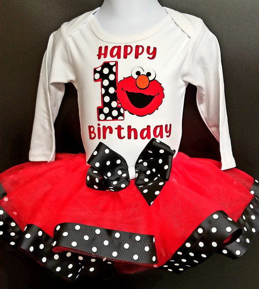 Girls 3 Piece ELMO Birthday Ribbon Tutu Outfit Includes Ribbon Tutu, Tshirt or Onesie and Matching Hair Bow