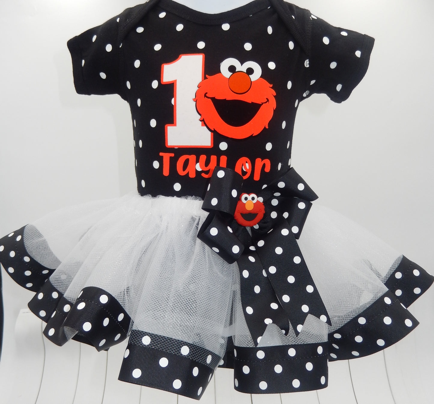 Girls 3 Piece ELMO Birthday Ribbon Tutu Outfit Includes Ribbon Tutu, Tshirt or Onesie and Matching Hair Bow