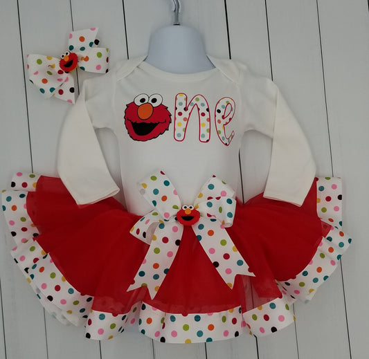 Girls 3 Piece ELMO Birthday Ribbon Tutu Outfit Includes Ribbon Tutu, Tshirt or Onesie and Matching Hair Bow