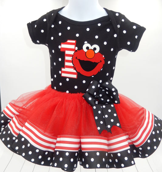 Girls 3 Piece ELMO Birthday Ribbon Tutu Outfit Includes Ribbon Tutu, Tshirt or Onesie and Matching Hair Bow