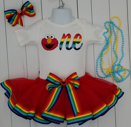 Girls 3 Piece ELMO Birthday Ribbon Tutu Outfit Includes Ribbon Tutu, Tshirt or Onesie and Matching Hair Bow