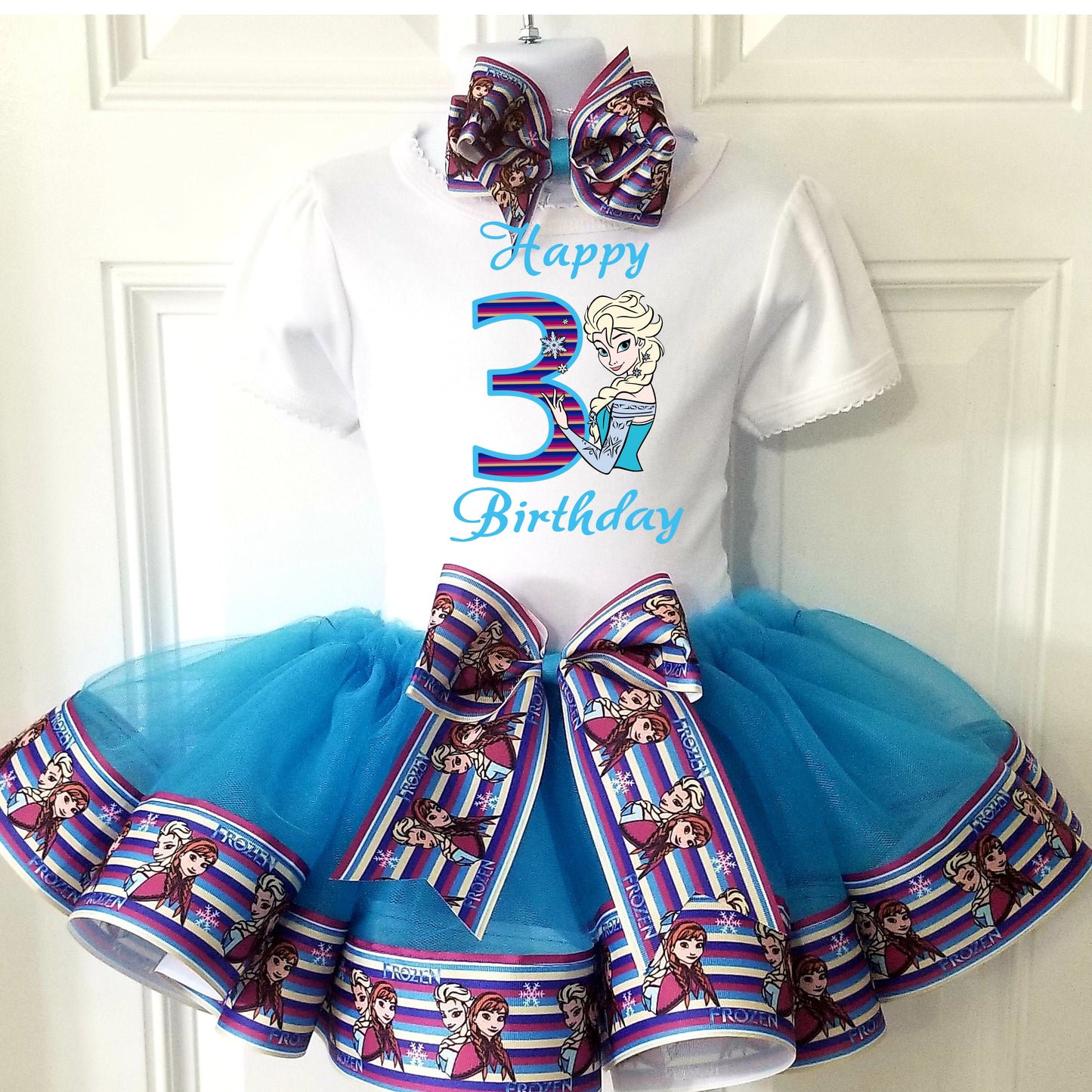 Girls FROZEN 3 Piece Ribbon Tutu Outfit | ELSA Ribbon Tutu, Tshirt or Onesie and Matching Hair Bow | Adorable!