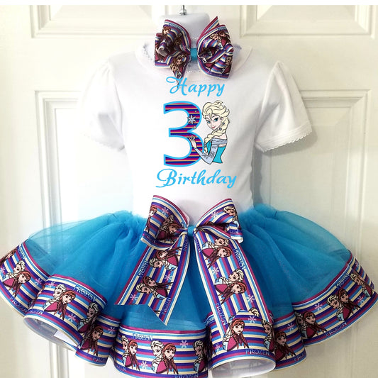 Girls FROZEN 3 Piece Ribbon Tutu Outfit | ELSA Ribbon Tutu, Tshirt or Onesie and Matching Hair Bow | Adorable!