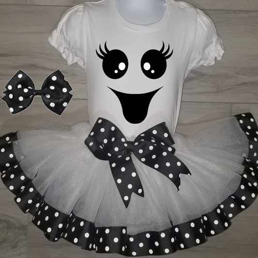 Girls 3 Piece GHOST Costume Ribbon Tutu Outfit Includes Ribbon Tutu, Tshirt or Onesie & MATCHING Hair Bow | Ghost Tutu Dress Halloween Tutu