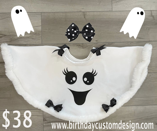 Girls 2 Piece GHOST Fleece Poncho Outfit | Includes White Poncho Embellished with Fur Trim & Polkadot Ribbon | ADORABLE!