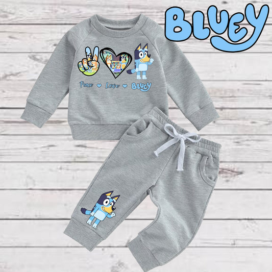 Baby Toddler Boys Grey BLUEY SWEATSUIT | 2 Piece Gray PEACE LOVE BLUEY Sweatshirt and Sweatpants | Grey Bluey Sweatsuit