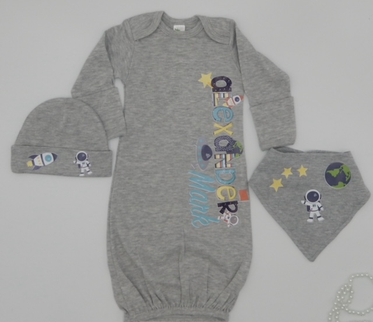 Baby Toddler Boys 3 Piece Gray Outer Space Newborn Sleeper Set | Personalized SPACESHIP Long Sleeve Baby Sleeper, Bandana Bib & Matching Hat | Great Baby Gift!