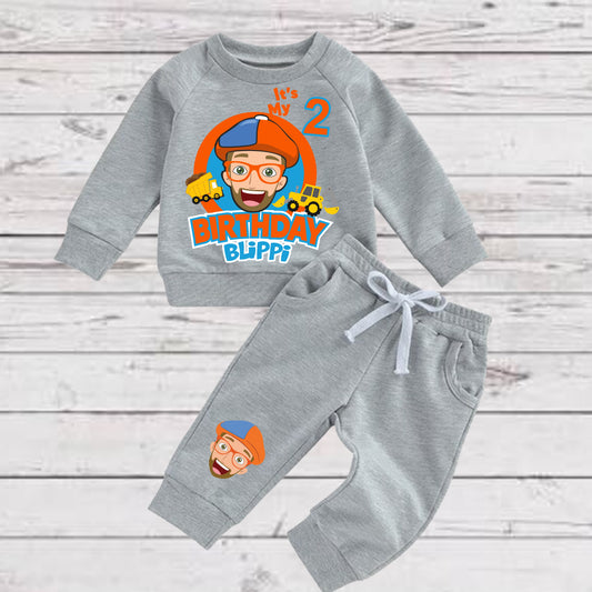 Baby Toddler Boys Grey BLIPPI SWEATSUIT | 2 Piece Gray Birthday BLIPPI Sweatshirt and Sweatpants |