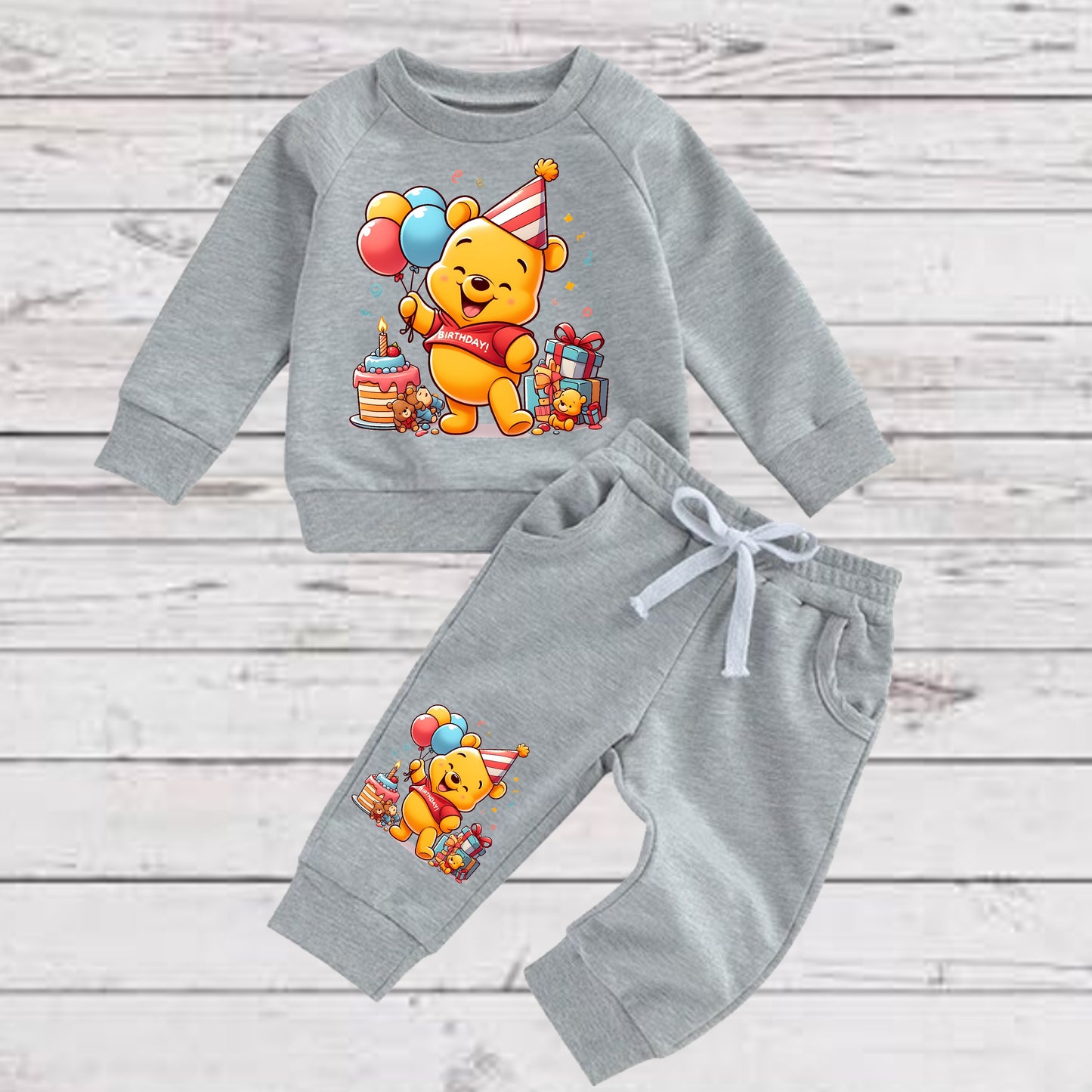 Baby Toddler Boys Grey WINNIE THE POOH SWEATSUIT | 2 Piece Gray Birthday Pooh Bear Sweatshirt and Sweatpants | Adorable!