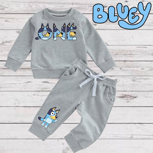 Baby Toddler Boys Grey BLUEY SWEATSUIT | 2 Piece Gray Birthday Sweatshirt and Sweatpants | ONE & TWO BIRTHDAYS Adorable!