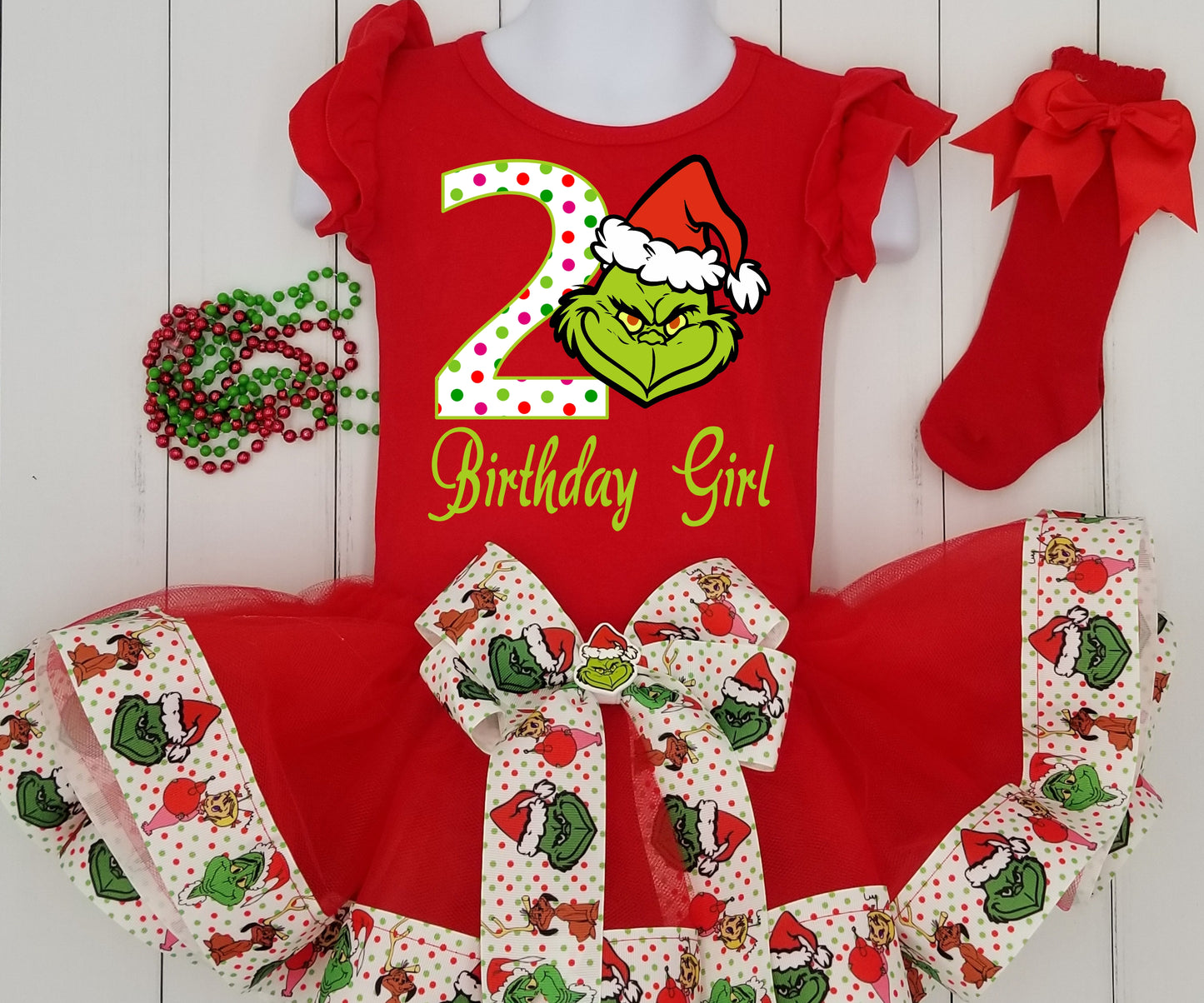 Girls 4 Piece GRINCH Birthday Ribbon Tutu Outfit | CHRISTMAS Tutu Outfit Includes Ribbon Tutu, Tshirt, Socks & Matching Hair Bow