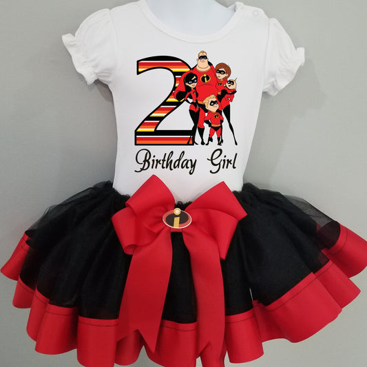 Girls 3 Piece INCREDIBLES Birthday Ribbon Tutu Outfit | Includes Ribbon Tutu, Tshirt or Onesie and Matching Hair Bow