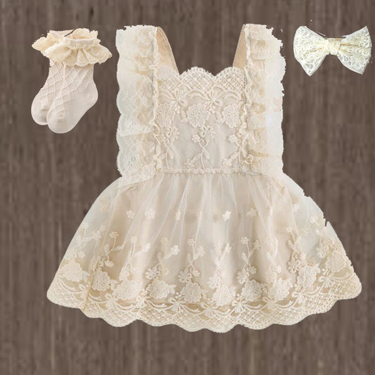 Baby Girl Toddler Birthday IVORY Lace Tulle Dress Outfit | Off White Dress with Lace Embroidery, Matching Socks and Hair Bow | Perfect For Pictures |  Party Dress