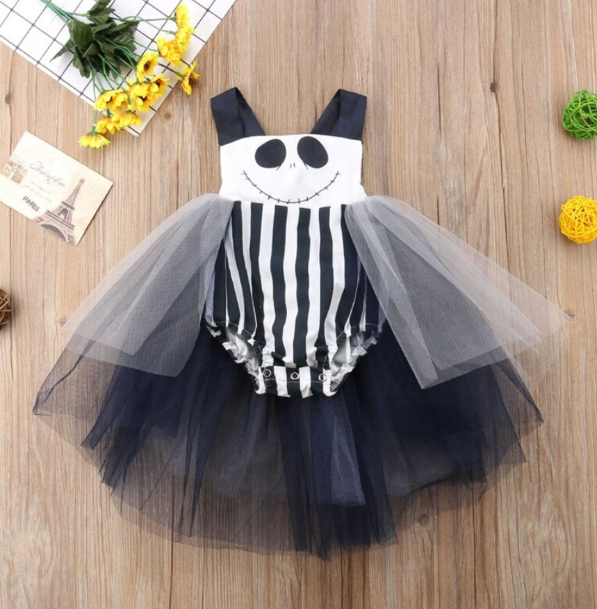 Baby Girls JACK SKELLINGTON Romper Outfit | Baby Toddler STRIPE Bloomer Overalls with Tulle | CLEARANCE!