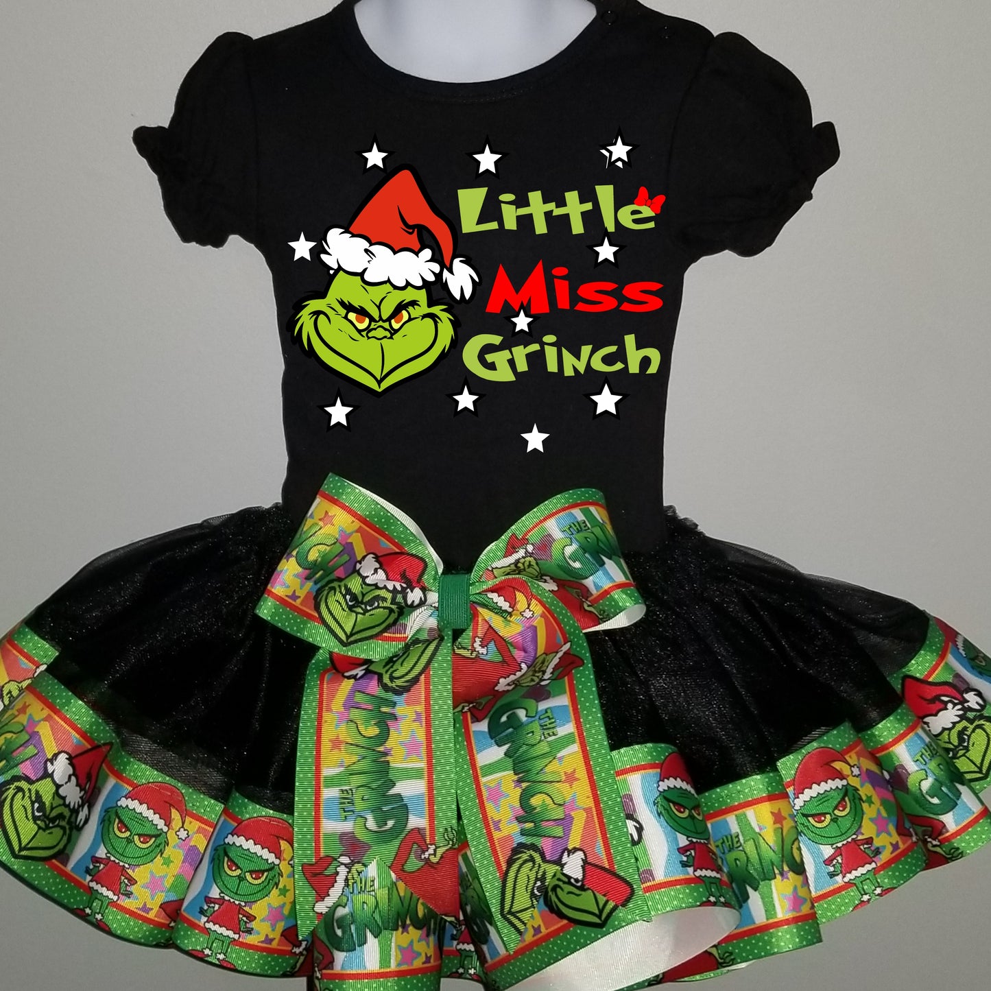 Girls 3 Piece 'LITTLE MISS GRINCH" Ribbon Tutu Outfit | Includes Ribbon Tutu, Tshirt and Matching Hair Bow