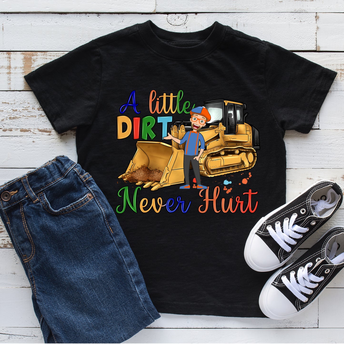 Baby Toddler Boys CONSTRUCTION Black Tshirt | A Little Dirt Never Hurt Blippi Shirt | $10 DEALS